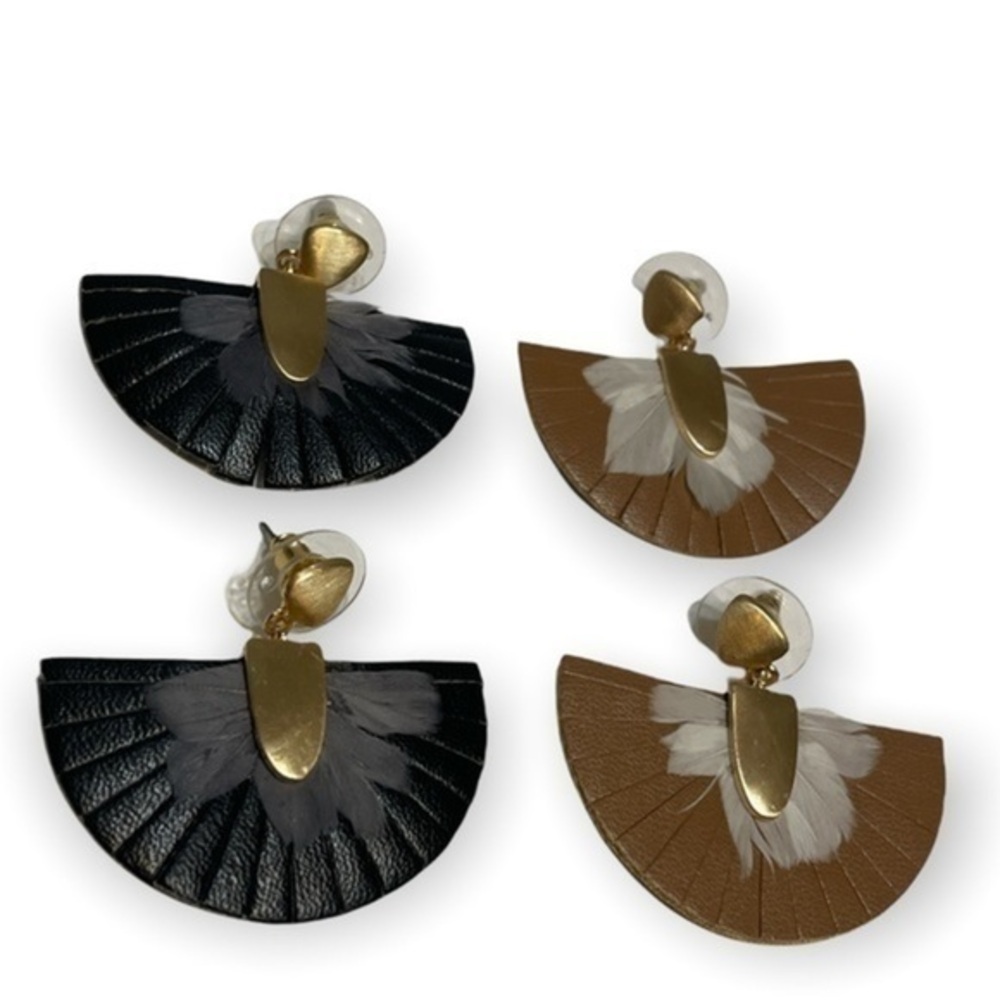 Massini faux leather feather drop stud earrings with hammered metal OS